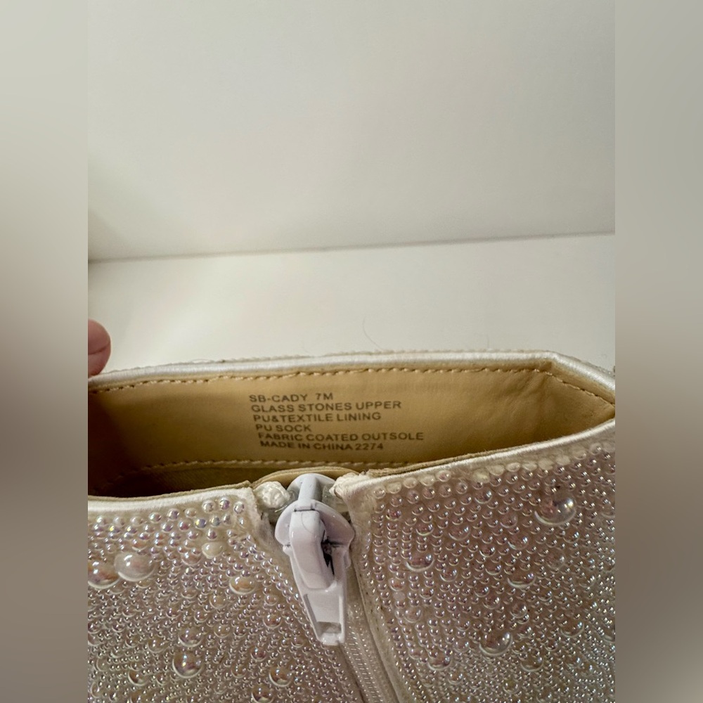 Betsey Johnson Pearl-Embellished Cream Ankle Boots - Picture 4 of 6